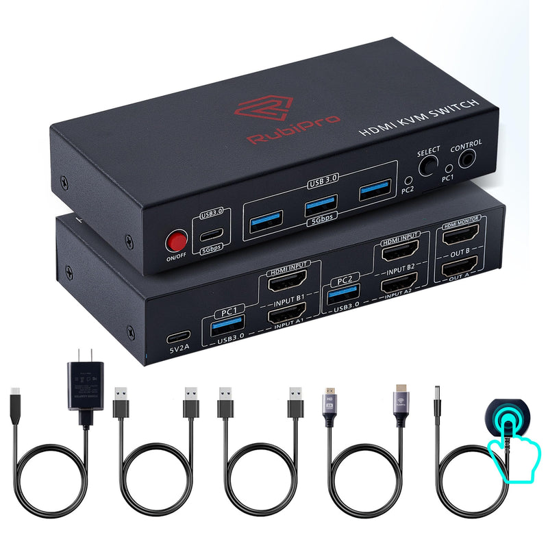 HDMI KVM Switch 2 Monitors 2 Computers – 8K@60Hz, 4K@120Hz, 4 Port USB 3.0 Hub (5Gbps), Wired Remote, Plug & Play for Windows/Mac/Linux with an additionl Braided 8K HDMI Cable