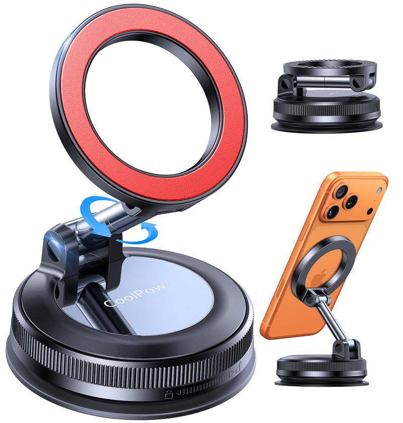 Coolpow【Newest Vacuum Magnetic Phone Holder for Car Phone Holder Mount【Movable Vacuum Suction】 Magsafe Car Mount Cell Phone Holders for Your Car Accessories for Women Men for iPhone 17 16-red | 【26 x N58 Magnets】360° Rotation, Magnetic Car Phone Holder...
