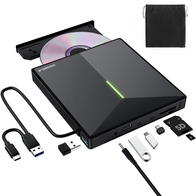 ORIGBELIE External CD/DVD Drive for Laptop, USB 3.0 DVD Player with 4 USB Ports & 2 TF/SD Card Slots, Portable CD/DVD +/-RW Drive Burner Reader Writer for Desktop PC Windows 11/10/8/7 Linux Mac OS RGB Black