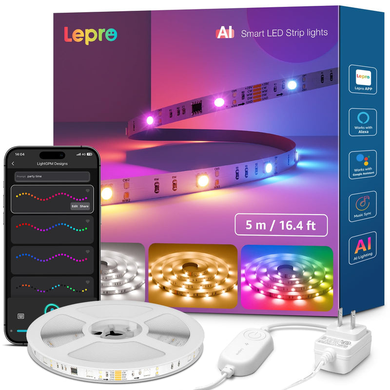 [AUSTRALIA] - Lepro S2 AI Smart LED Strip Lights - 16.4ft RGBCW Light Strips with 2700K-5700K Tunable Warm White, Color Segment DIY, Personalized Al Lighting Designer, APP Control(No Remote), 2.4G Wi-Fi & Bluetooth 