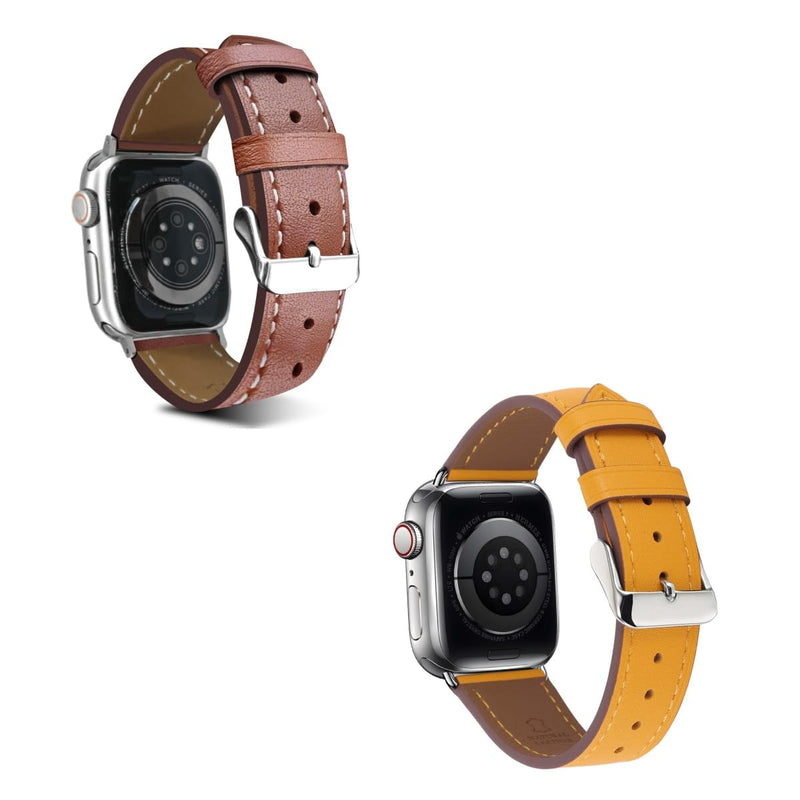 2 Pack Leather Bands(Yellow,Brown) Compatible with Apple Watch Band 38/40/41/42/44/45/46/49mm, Soft Leather Watch Replacement Band for Watch Series Ultra SE 10 9 8 7 6 5 4 3 2 1 for Women Men