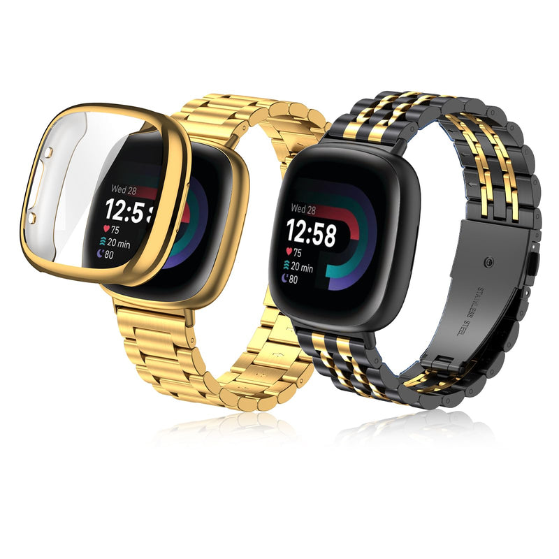 ZPJPPLX for Fitbit Versa 4 Metal Watch Band with Soft TPU Case,Compatible with Fitbit Sense 2 Stainless Steel Strap and Screen Protection Case for Men Women,Black
