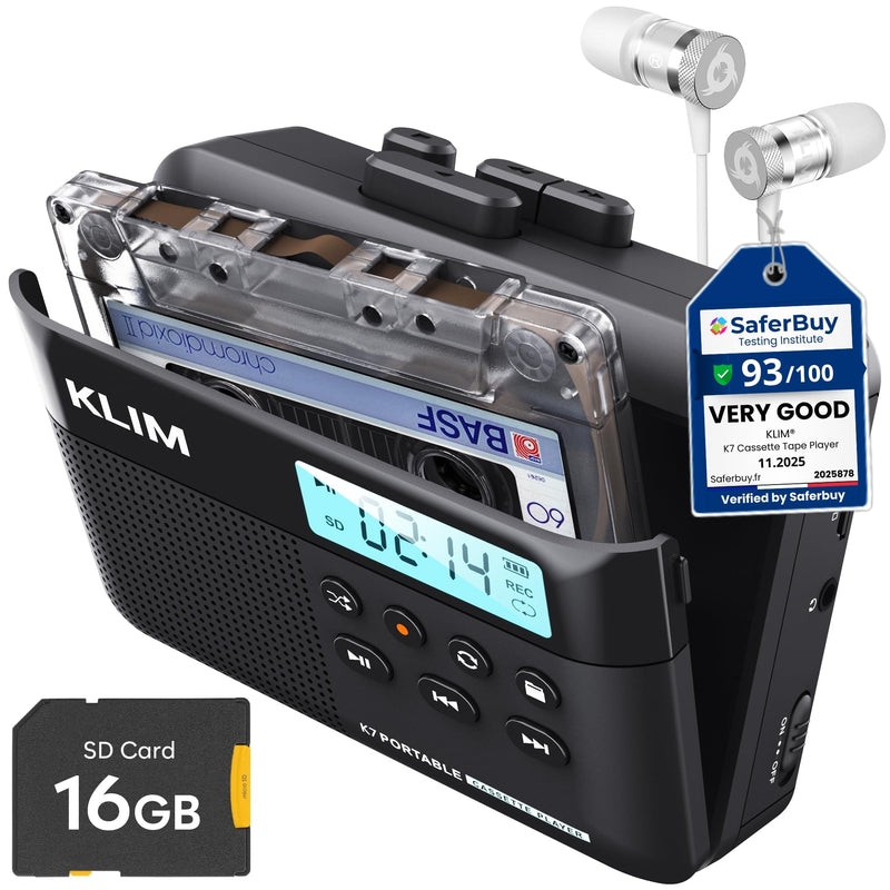 [AUSTRALIA] - KLIM K7 Cassette Tape Player with Fusion Earphones - Cassette to MP3 Converter - Portable - Built-in Microphone & Speaker - Rechargeable Battery - Earphones - 16GB SD Card - Black Black- Fusion White 