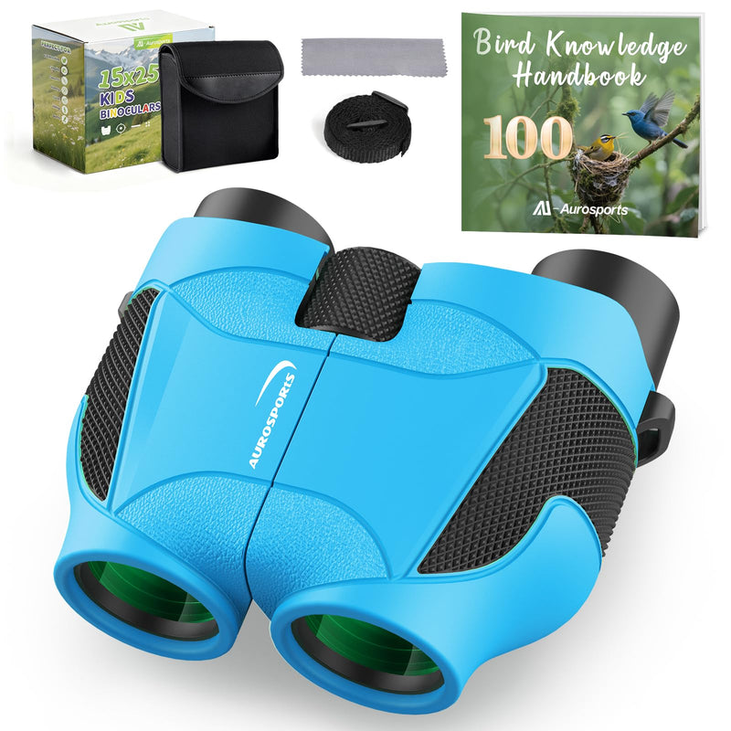 Aurosports 15x25 Compact Binoculars for Kids - Small Binoculars Lightweight with Carrying Case Birding Guide for Bird Watching Hiking Camping Travel Gift for 8-12 Years Boys Girls (Blue) Blue