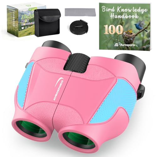 Aurosports 15x25 Compact Binoculars for Kids with Bird Guide Book, Pink