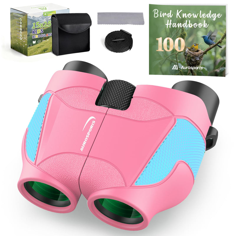 [AUSTRALIA] - Aurosports 15x25 Compact Binoculars for Kids - Small Binoculars Lightweight with Carrying Case Birding Guide for Bird Watching Hiking Camping Travel Gift for 8-12 Years Boys Girls (Pink) Pink 