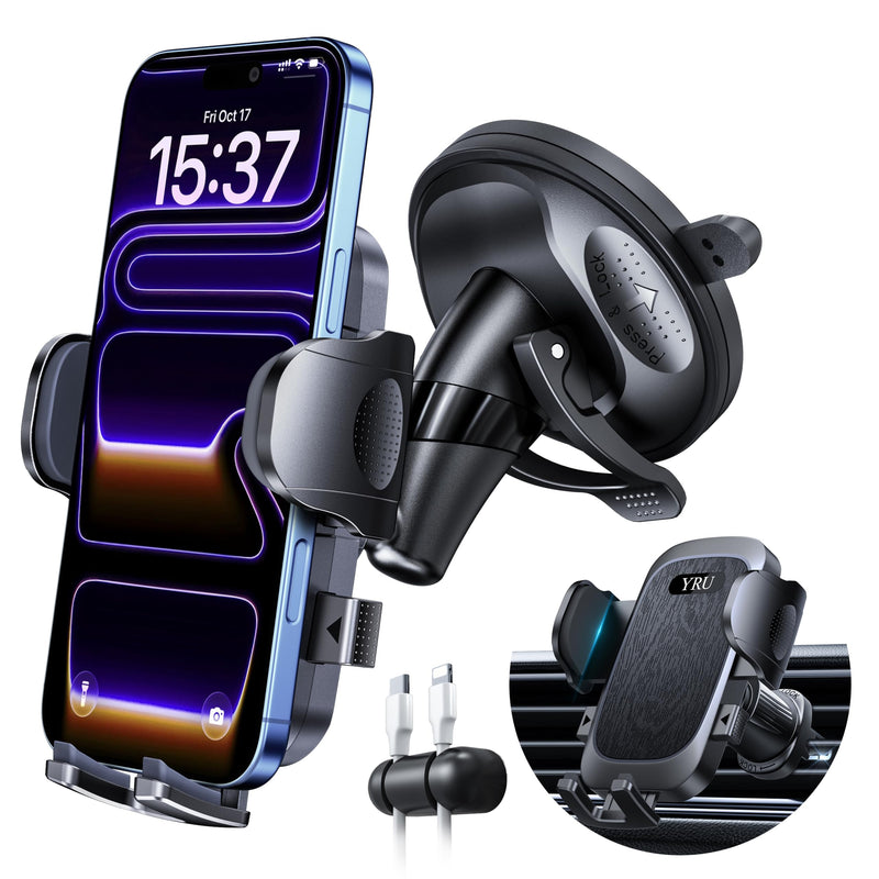 YRU 90+LBS Military-Grade Anti-Shake 2026 Upgraded Car Phone Holder Mount | Safest Strongest Patent Certs 360° Rotatable Suction Dashboard Windshield Vent for iPhone 17 16 Pro Max Samsung, Matt Black