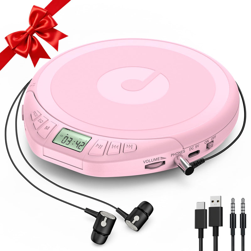 [AUSTRALIA] - Portable CD Player for Car: Kegaudio with Earphones Anti-Skip LCD Display Personal Disman Disc Player for Car & Sports Supports MP3 WMA PROG & Memory Function Pink 