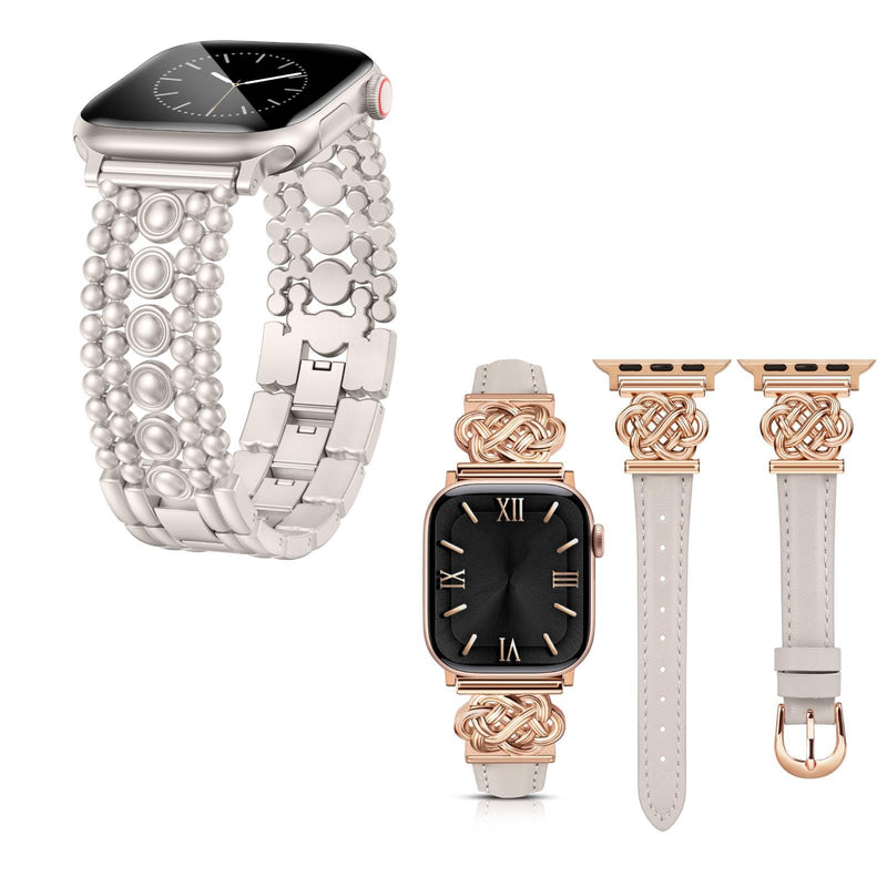 Minyee 2 Packs Watch Band Compatible with Apple Watch Band 42/46/41/40/38/44/45/49mm Women, Pretty Adjustable Studded Link Bracelet & Dressy Slim Thin Premium Leather Strap