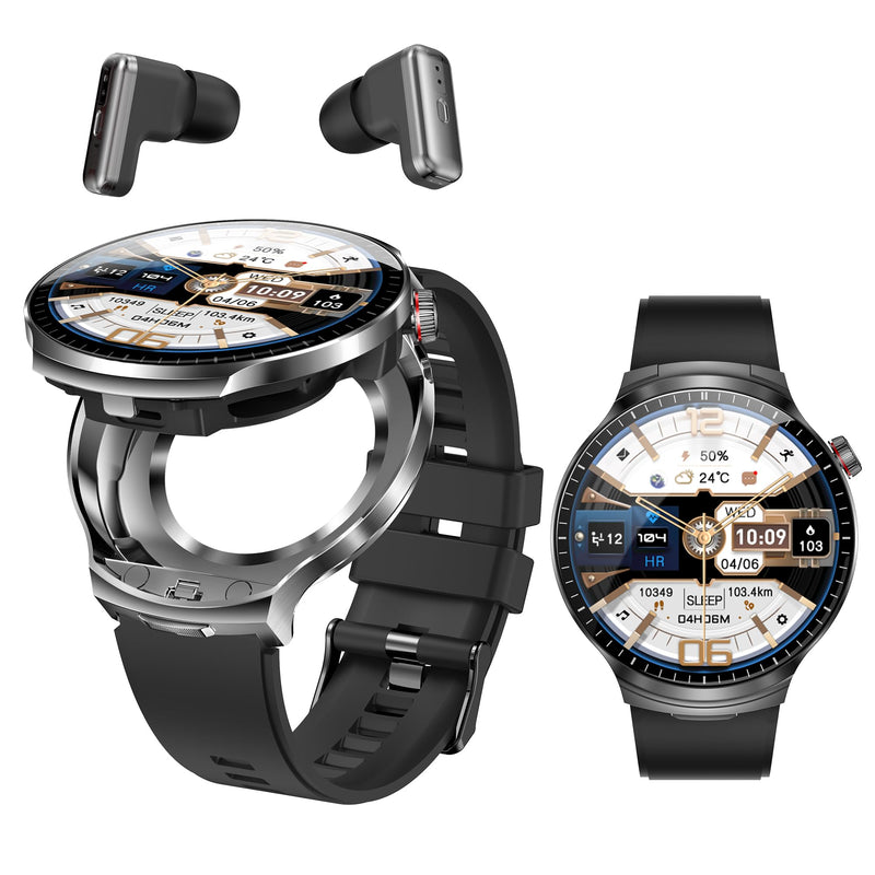 Smart Watch with Bluetooth Earbuds, 1.85-Inch Round HD Screen, Military Style, IP67 Waterproof, 100+ Sports Modes, Heart Rate Monitor, Sleep Tracker, Music Control Black