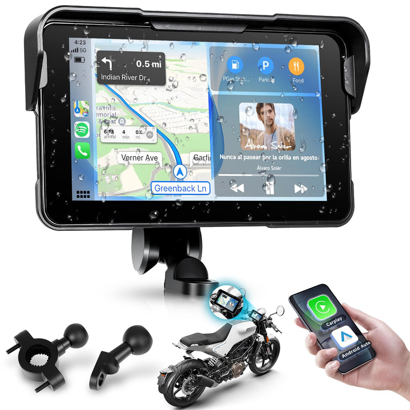 Rimoody 5 Inch Motorcycle Carplay Screen with Wireless Carplay Android Auto for Car, Bluetooth, GPS Navigation, EQ, IP67 Waterproof Touchscreen, Mirror Link, Voice Control