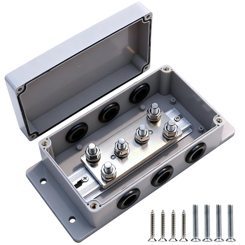 12-48V Heavy Duty 500A Bus Bar Tin-Plated Copper Block 6xM8(5/16") Studs Waterproof Belt Protective Coil Shell Battery Buss Bars for Automotive Boat RV Solar System Marine car Audio Wiring