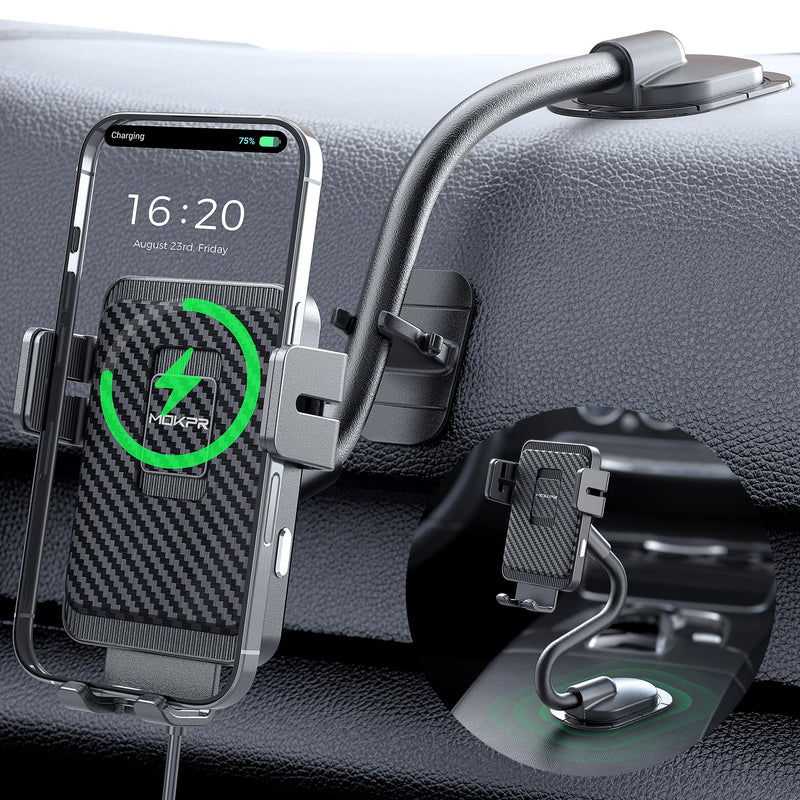 Wireless Car Charger Adjustable Gooseneck Dashboard Car Mount Fast Charging | [with Anti Shake stabilizer] Auto-Clamping Phone Holder fit for iPhone 17 16 15 14 13 12, Samsung S24 S23 S22, etc