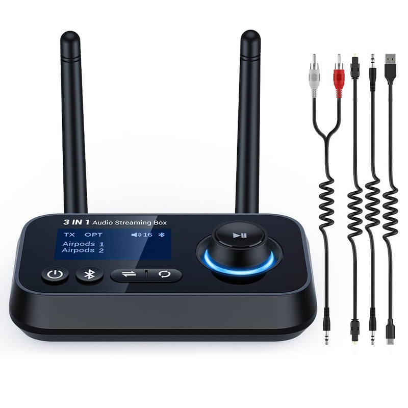 [AUSTRALIA] - Bluetooth 5.3 Transmitter for TV Audio w. Screen Display Dual Antenna Low Latency Bluetooth Adapter Support Up to 2 BT Headphones Long Range Bluetooth Extender 3.5mm AUX/RCA/Opt Input/Output Black 