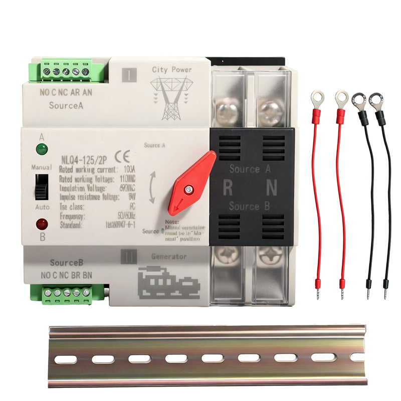 [AUSTRALIA] - Mini ATS Automatic Transfer Switch Dual Power Changeover Switch 100A 110V Generator Electrical Selector Switches DIN Rail Mount 2P/3P Circuit Breaker Toggle Controller 110V 100A 2P(with DIN rail) 
