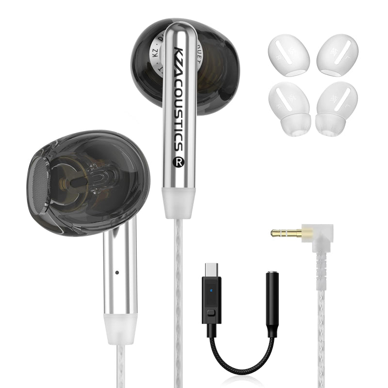 KZ Duet Wired Earbuds, Dual Dynamic in-Ear Headphones Crystal-Clear Sound | Noise Isolating, Ergonomic Custom-Fit, USB C to 3.5mm Adapter Built-in DSP with 4EQ, Convenient for Travel Black