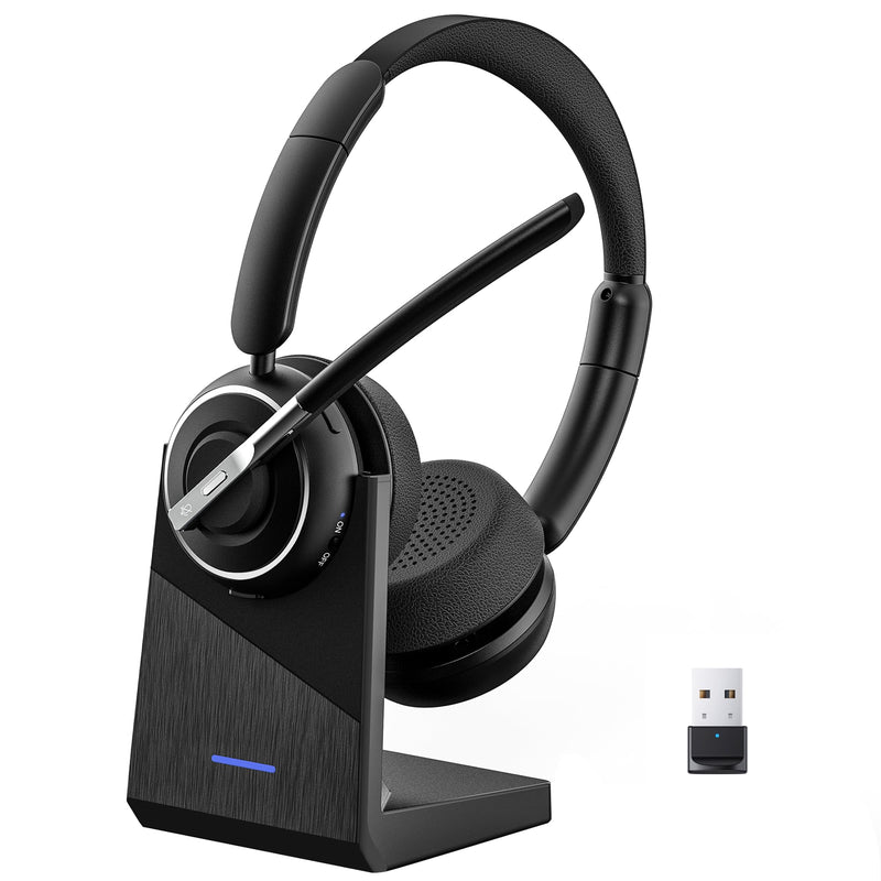 PrancyBt Upgraded Wireless Headset with Mic for Work, Bluetooth Headset with Noise Canceling Microphone with Dongle, Charging Base & Mic Mute, Wireless Headphones for Work from Home/PC/Computer
