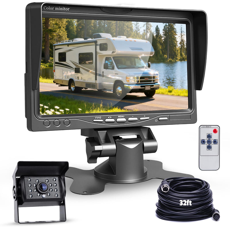 Backup Camera Kit with 7-Inch LCD Monitor, Upriding IP68 Waterproof 18IR Night Vision Rear View Camera for Trailer RV Camper Truck Pickup Bus, +32ft Extension Cable, DIY Guidelines(12V-24V)