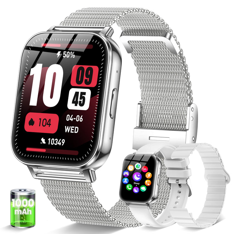 Smart Watch for Women Men 30 Day+ Battery Life 1.85" Fitness Tracker-Silver | Compatible iPhone & Android with Bluetooth Calling/Heart Rate/SpO2 Monitor, 120+ Sports Modes, 1000mAh 3 Bands Silver 44 MM