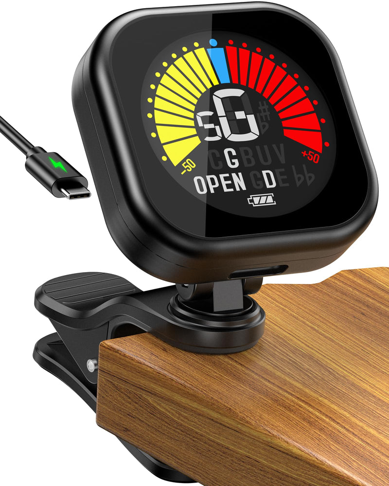 [AUSTRALIA] - New Bee Guitar Tuner Clip-On Rechargeable with Color Screen 360° Rotatable Acoustic Chromatic Open Tuning for Guitar, Bass, Ukulele, Violin, Cello(Black, 1 Pack) Black 