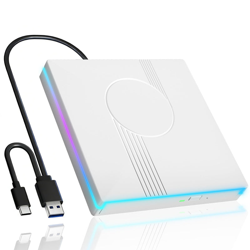 Wbacon External CD/DVD Drive for Laptop, RGB & USB 3.0 Type-C CD DVD Burner | External CD DVD Player +/-RW Optical Disc Drive, Slim CD ROM External Drive for Laptop Desktop PC Windows Mac (White) White