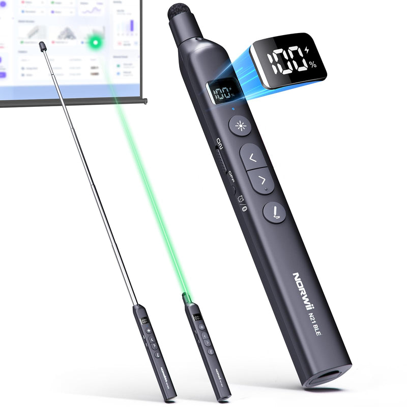 N21 Bluetooth Presentation Clicker for PowerPoint with Retractable Pointer | ①Laser Pointer②Telescopic touch pen③Countdown timer, vibration alert ④Customizable Button ⑤Rechargeable;battery level display Black - Green Pointer