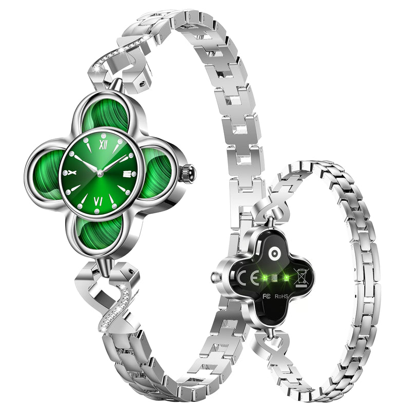 Green Lucky Clover Smart Bracelet with Quartz Clock - 24/7 Health Monitor Track Heart Rate Blood Oxygen Sleep Stress, Fitness Tracker IP68 Waterproof for Women Men, Compatible with Android iOS Phone