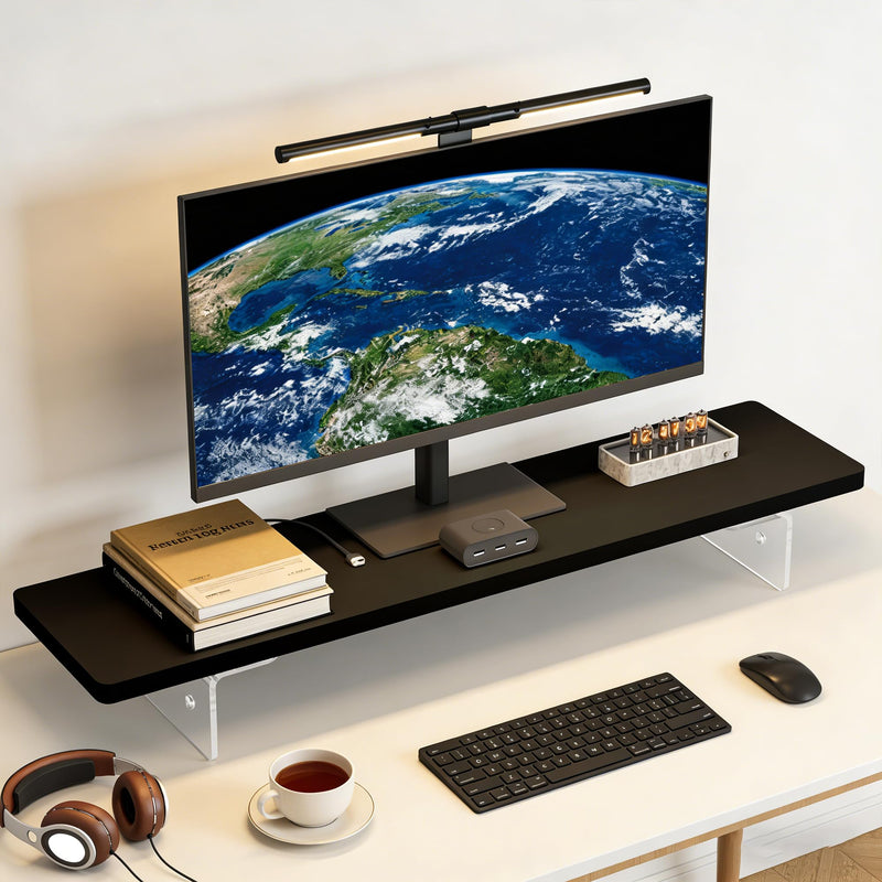 Computer Monitor Stands, Wood & Acrylic Computer Monitor Stand, Desk Monitor Stand Underneath Storage For Office, Home, School Supplies, 31.5" L (Black) Black