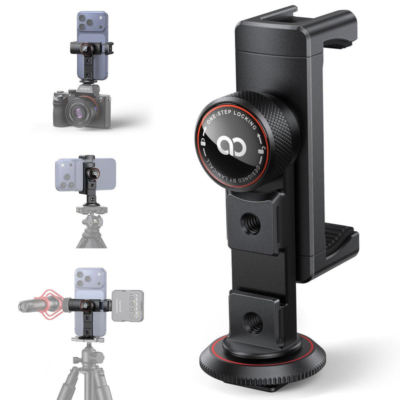 [AUSTRALIA] - Lamicall Aluminum Phone Tripod Mount with 3 Cold Shoes & Arca Port & 1/4" Thread, [Wider Clamp] Camera Phone Holder Adapter Valentines Day Gift for iPhone 17 Smartphone Tripod Cell Phone Holder 