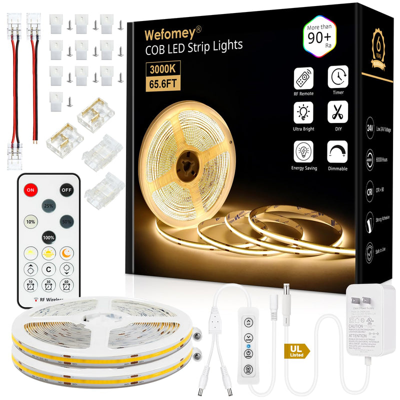 [AUSTRALIA] - COB LED Strip Light Warm White, 66ft Dimmable 3000K Super Bright White Led Lights with Remote and UL Power Supply, 24V Flexible LED Tape Light for Bedroom, Kitchen, DIY Lighting (2 Rolls of 33ft) 