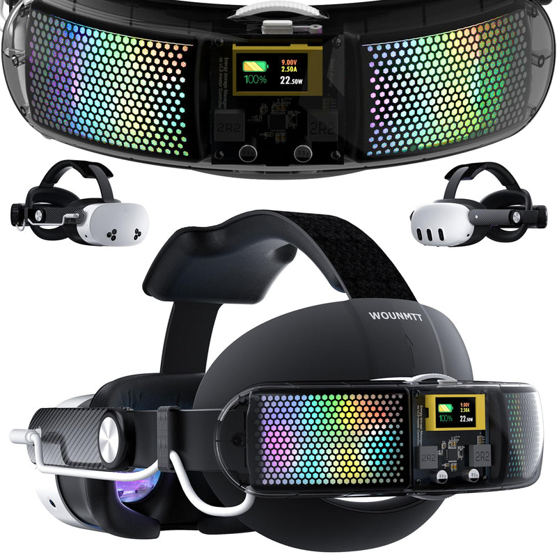 Head Strap with 10000mAh Battery for Meta Quest 3/3S – Transparent RGB Lighting, Smart Power Display & Carbon Fiber Finish, Adjustable VR Headset Strap for Enhanced Comfort and Balance