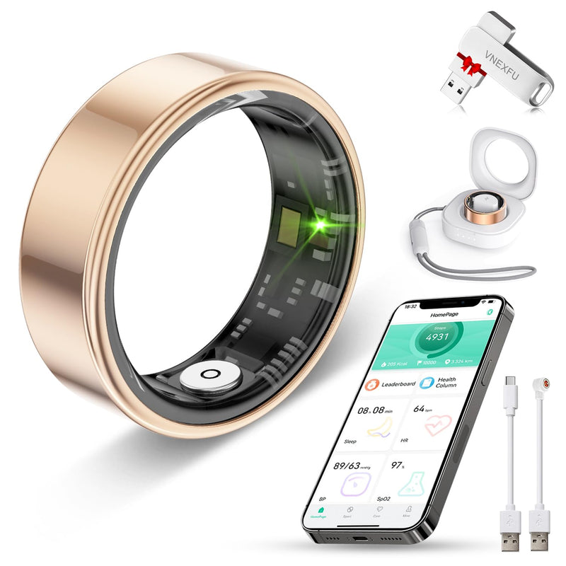 Smart Health Ring for Women Men Fitness Tracke IP68 Waterproof Fitness Ring with Heart Rate/Blood Pressure/Blood Oxygen/Sleep Tracker/Step/Calories for iOS and Android,No Subscription Fee,Gold 12