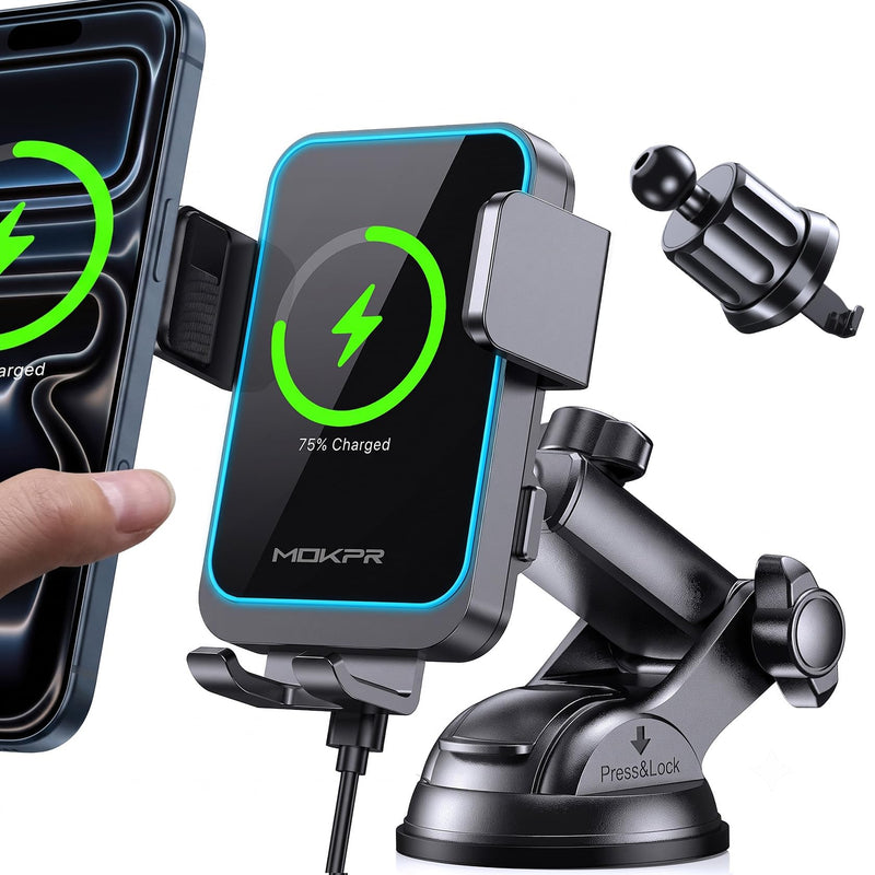 Wireless Car Charger Auto Clamping LED Car Charger Dash Windshield Air Vent | Phone Holder Compatible with iPhone 17 16 15 14/13/13 Pro/12 pro/12/11/X/8, Samsung S24/S23/S22 Series Dashboard