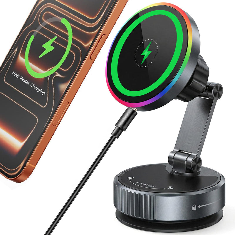 for MagSafe Car Mount Charger, Magnetic Wireless Car Charger | 15W Fast Charging, 120LBS Ultra Suction Cup, 2800gf Magnet, 360° Adjustable Vacuum Magnetic Phone Holder for iPhone & Android