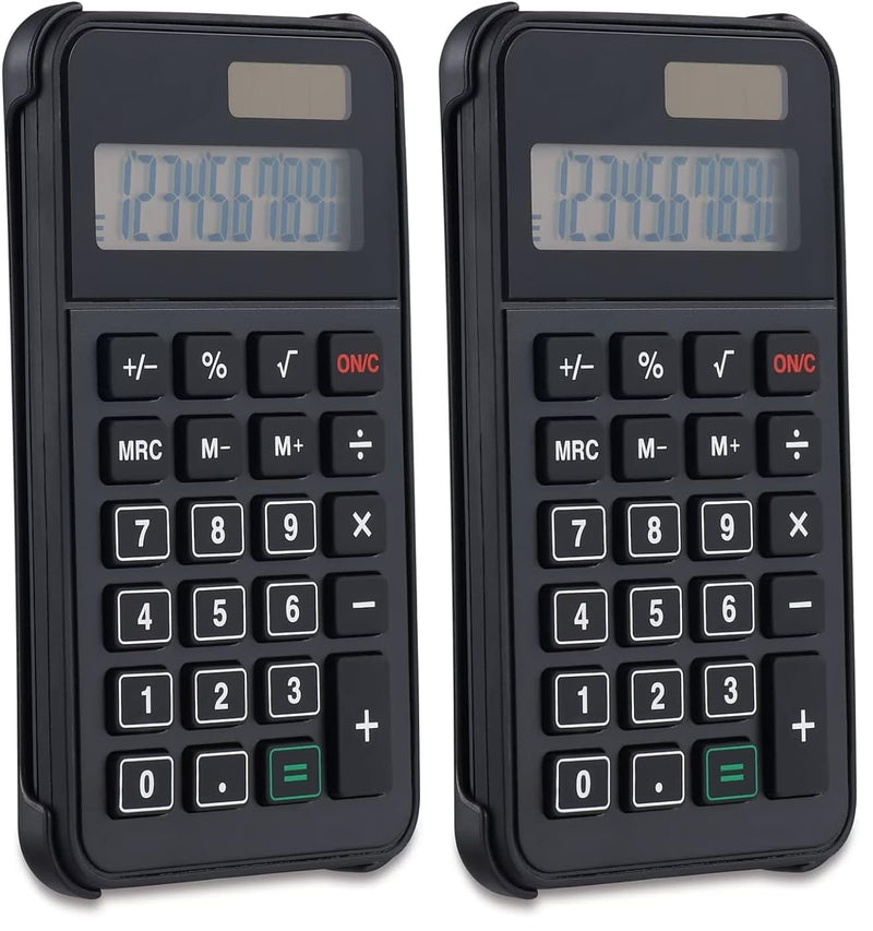 1InTheOffice 10 Digit Pocket Calculator, Dual Powered Handheld (Solar and Battery), Black, 2 Pack Small (Pack of 2)