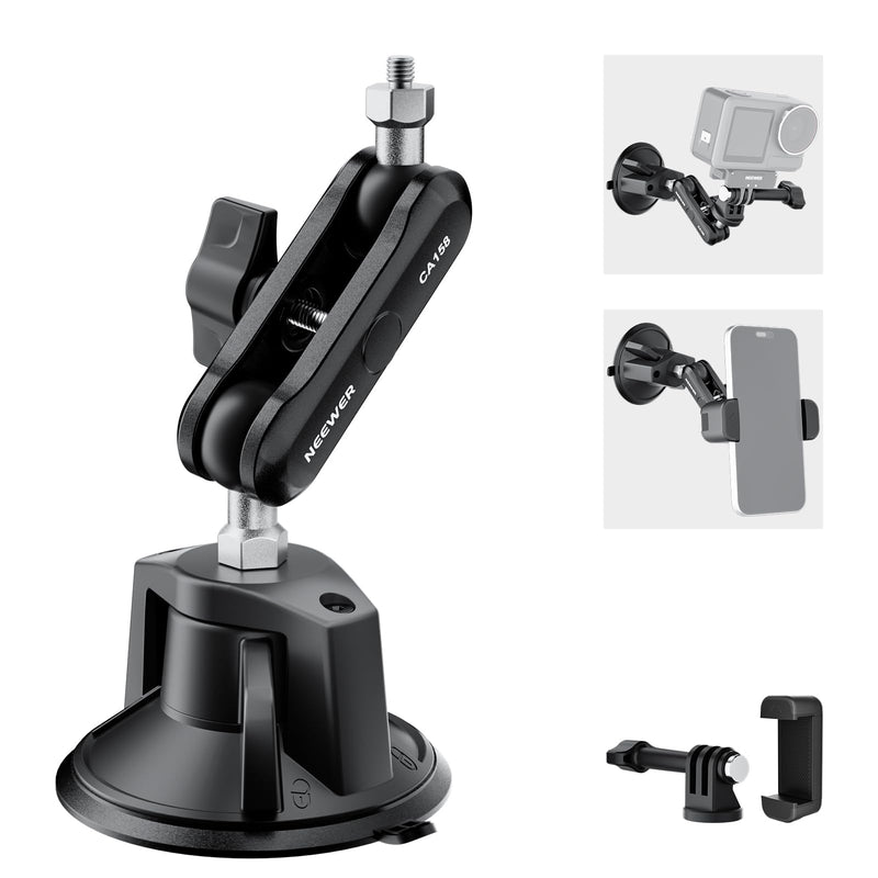 NEEWER Suction Cup Phone Holder & Camera Mount Compatible With GoPro DJI Insta360 iPhone, Car Phone Mount with Action Camera Adapter 360° Magic Arm for POV Windshield Glass Vlog Video Recording, CA158