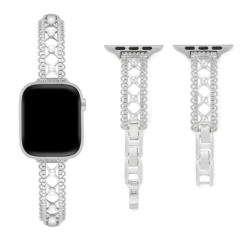 Lace-Inspired Copper Watch Band for Women Compatible with Apple Watch 38/40/41/42/44/45/46/49mm, for iWatch Series 11/10/9/8/7/6/5/4/3/2/1 Ultra3 SE, Pearl Metal Bracelet Silver 42(Series 10-11)/38/40/41mm