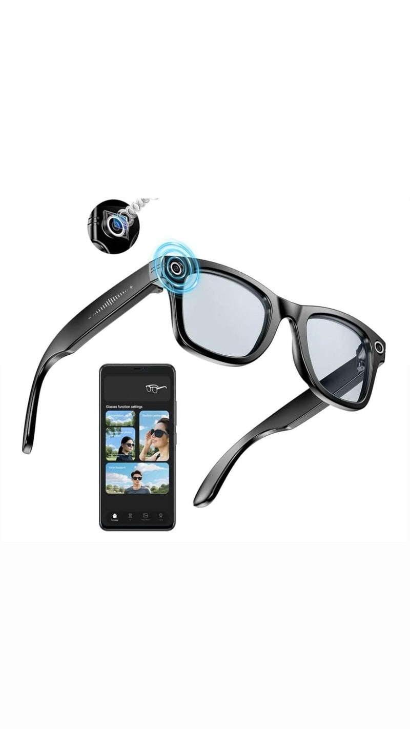 AI Smart Bluetooth Glasses with 8MP Camera for Men Women, Real-Time Translation, Black, Built-in AI Voice Assistant, Music Control, Photo Video Recording, Summer/Beach Essential
