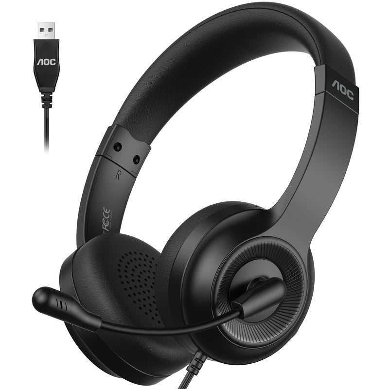 [AUSTRALIA] - AOC USB Headset with Microphone for PC, Over-Ear Wired Headphones with Noise-Cancelling Mic, 40mm Audio Drivers, USB-A Computer Headset for Office, Teams, Call Centers & Online Meetings (Black) Black 