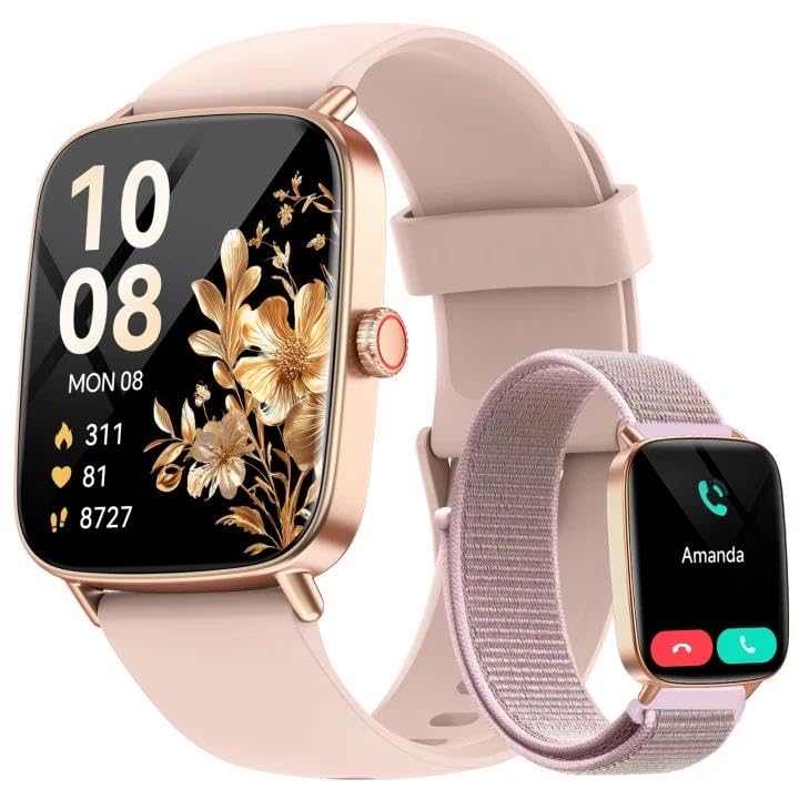 Smart Watch for Women, 1.85" HD Smartwatch Compatible iPhone/Samsung/Android (Answer/Make Calls), 100+ Sport Modes Fitness Tracker with Heart Rate/Sleep/SpO2 Monitor, IP68 Waterproof, with 2 Bands Rose Gold/ 2 Band