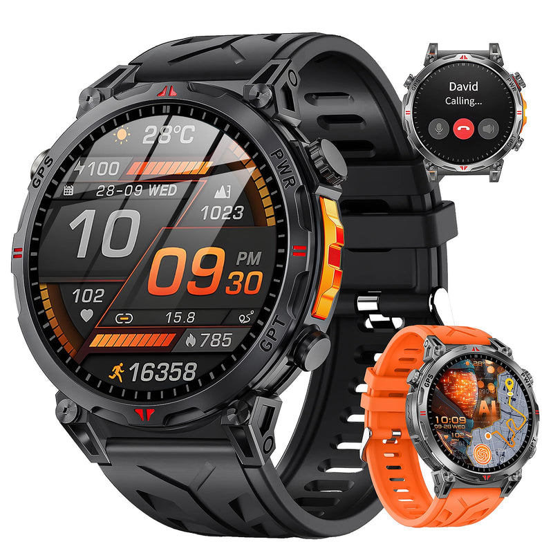 Military Smart Watches for Men GPS, 1.56" AMOLED Screen Bluetooth Call, Smartwatch for Android Phones and iPhone, 100+ Sport Modes, 3ATM Waterproof Smart Watch with Compass Black & Orange