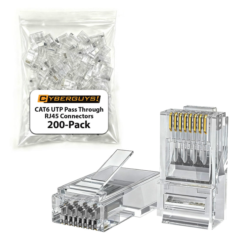 Cyberguys! CAT6 UTP Pass Through RJ45 Connectors – 200-Pack | Gold-Plated 50μ 8P8C Modular Plugs, Supports 24–25AWG Ethernet Cables, 10Gbps High-Speed Network Ends, Easy Install 200 Pack
