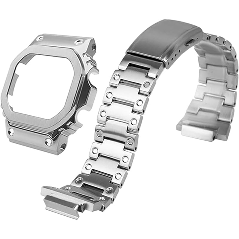 DW-5600 Mod Kit Stainless Steel Case Solid Metal Strap Bracelet for 5600 Series, 5610 Series, Watch Part Replacement Silver metal set