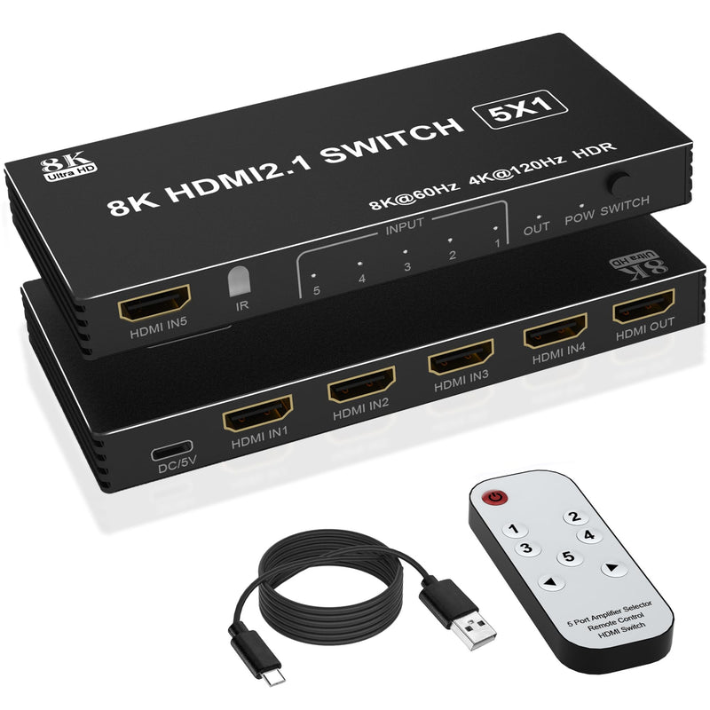 8K HDMI Splitter HDMI Switch 4K 120Hz - 5 in 1 Out hdmi switcher 8K 60Hz 4K 120Hz Splitter with Remote 3D HDR10+ HDCP 2.3 CEC, Use for PS5/4/3 Xbox Nintendo Switch DVD Roku Apple TV Fire Stick PC