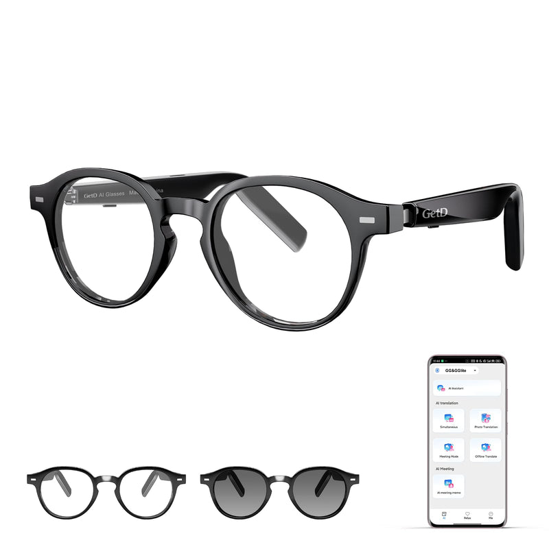 GetD AI Smart Glasses, Photochromic Lenses, Bluetooth Translation Glasses | AI Sunglasses for Women Men, Real Time Translation, Bluetooth Open Earbuds, 11H Playtime, UV Protection, IPX4 Waterproof Standard,Transparent Black/Photochromic Lenses