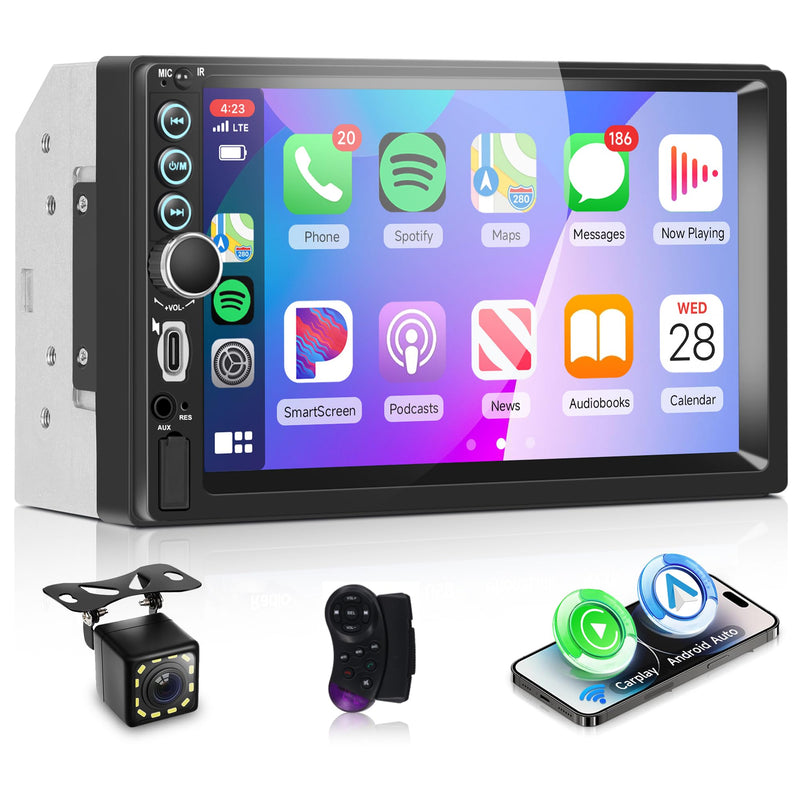 7 Inch Double Din Car Stereo with Wireless CarPlay Android Auto You-Tube, Touchscreen Car Radio 2 Din with Backup Camera with Mirror Link Bluetooth FM USB EQ Type C Steering Wheel Control Appearance 2 Wireless CarPlay