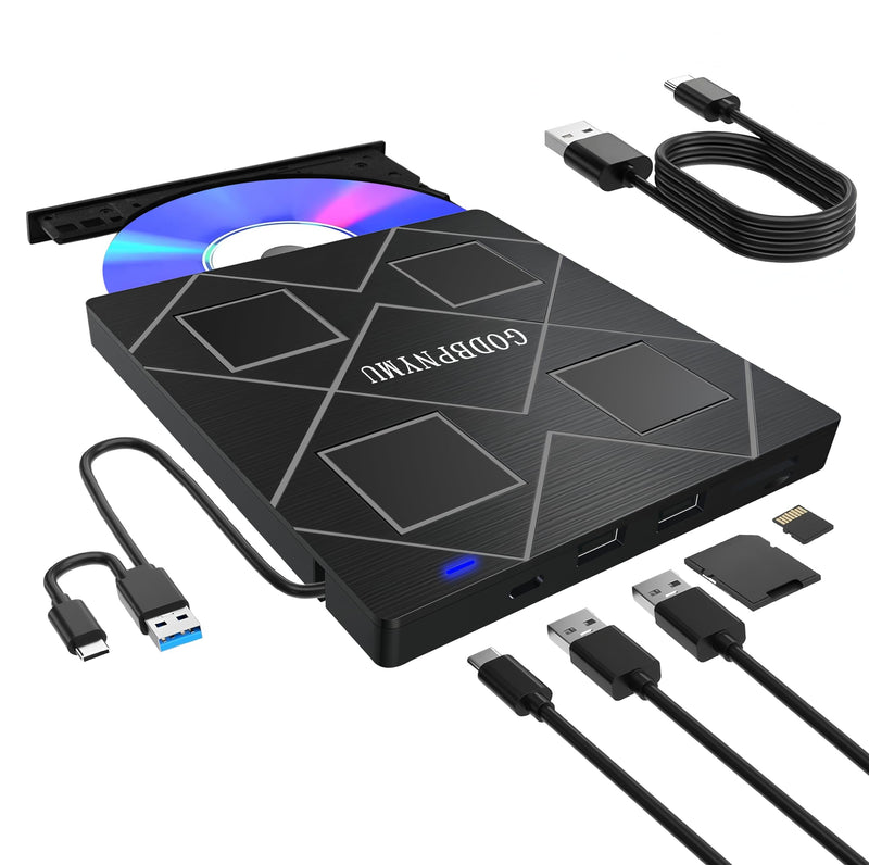 5-in-1 Extemal CD/DVD Drive for Laptop,USB 3.0 & Type-C Portable CD/DvD Rw Burner with SD/TF Card Reader &DVD-ROM Rewritable Player，Compatible with Laptop Pc Desktop, Windows11/10/8/7 Linux Mac os 5in1