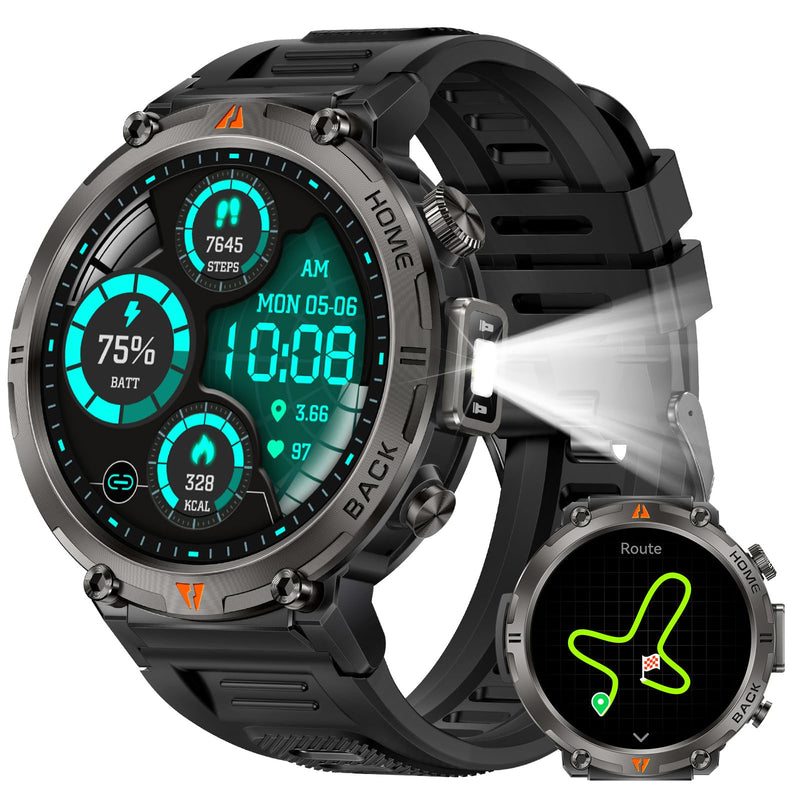 Military Smart Watches for Men Built-in GPS LED Flashlight Smartwatch | Rugged Tactical Smart Watch 3ATM Waterproof Compass Calls 530mAh Battery Fitness Tracker with HR/Sleep Monitor iOS Android KE3P Black