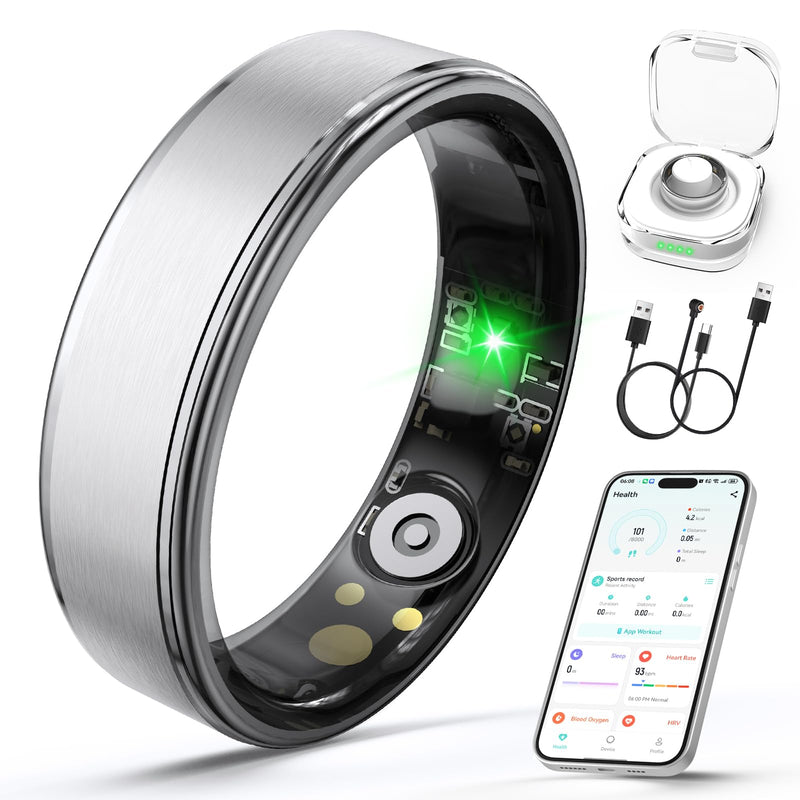 Smart Ring for Women Men, Health Fitness Tracker Ring with Heart Rate/Sleep Tracker/Blood Oxygen/HRV/Stress/Calorie/Steps, IP68 Waterproof for iOS & Android, No APP Fees(Silver,9#)