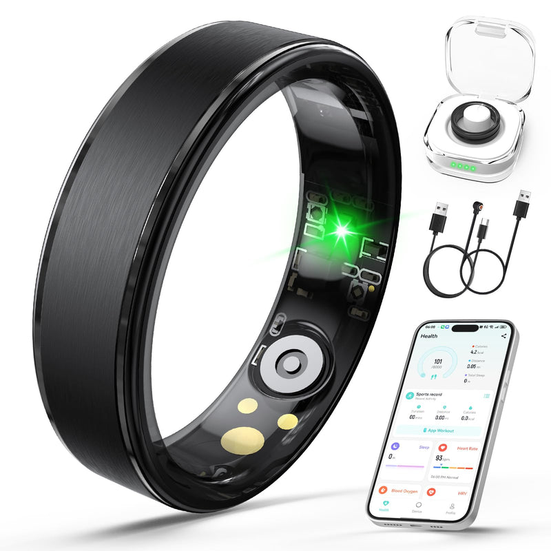 Smart Ring for Women Men, Health Fitness Tracker Ring with Heart Rate/Sleep Tracker/Blood Oxygen/HRV/Stress/Calorie/Steps, IP68 Waterproof for iOS & Android, No APP Fees(Black,12#)